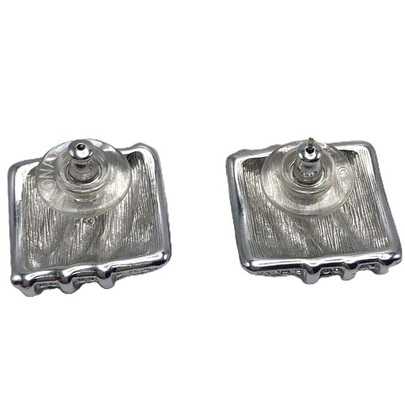 Vintage Rhinestone Costume Earrings Silver Monet Square Statement Fashion - Picture 2 of 3